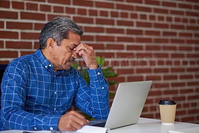 Buy stock photo Business, man and headache with laptop in office from stress, financial mistake and budget error. Mature person, migraine or pc with website glitch, employee burnout and discomfort of investment fail