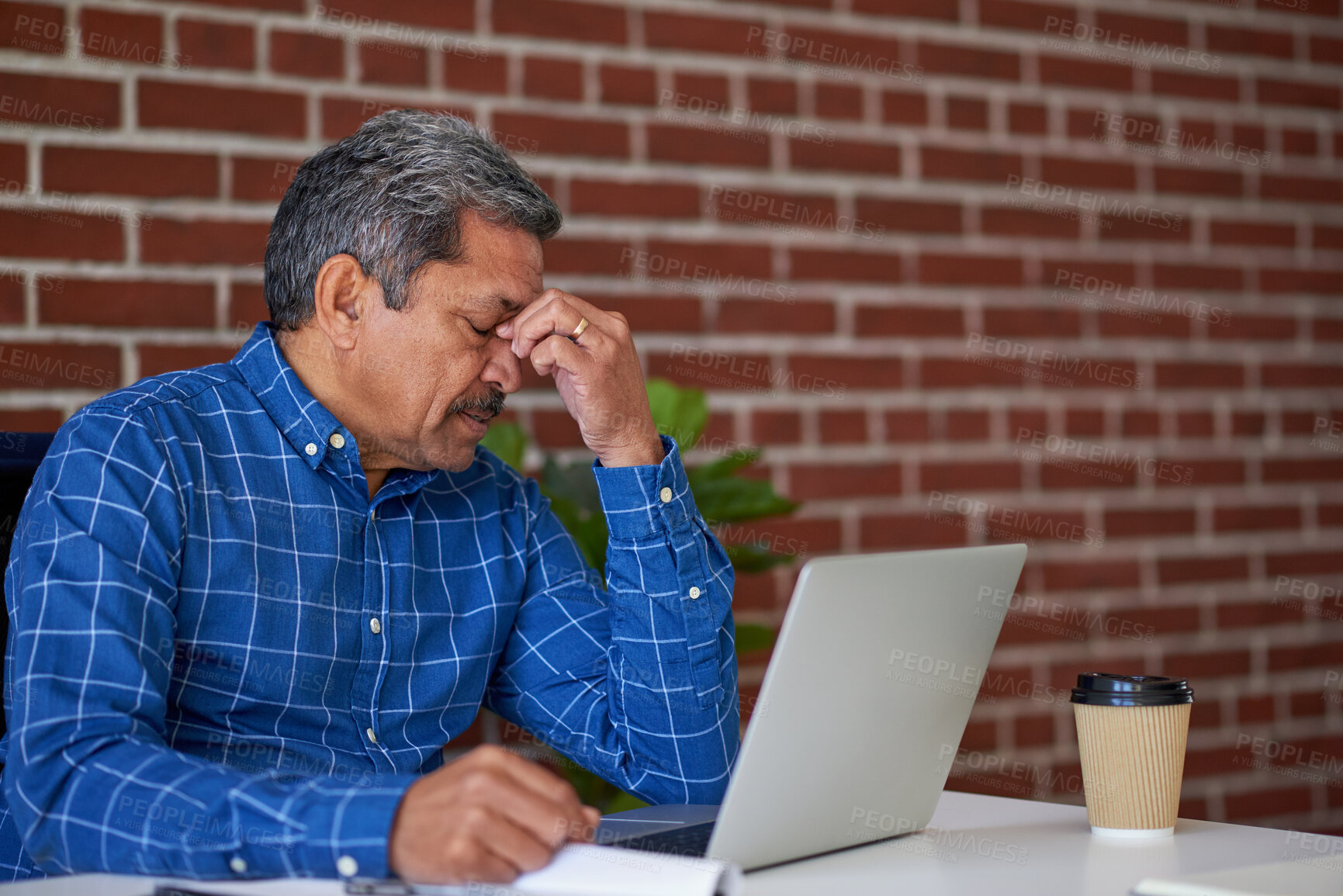 Buy stock photo Business, man and headache with laptop in office from stress, financial mistake and budget error. Mature person, migraine or pc with website glitch, employee burnout and discomfort of investment fail