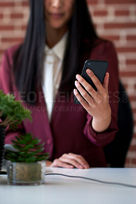 Buy stock photo Hands, business and woman with phone in office for research, court case and witness statement. Lawyer, reading and mobile to contact client, online evidence and notification for lawsuit investigation