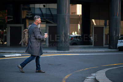 Buy stock photo Businessman, travel and walking with coffee in city street for work trip, commute or start. Man, employee or traveler with cup or bag in road for career journey or job opportunity in an urban town