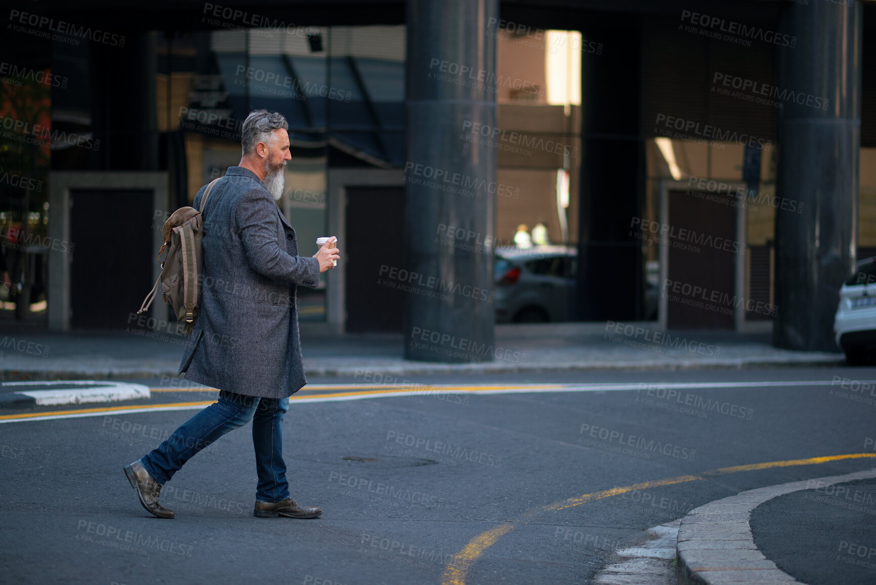 Buy stock photo Businessman, travel and walking with coffee in city street for work trip, commute or start. Man, employee or traveler with cup or bag in road for career journey or job opportunity in an urban town