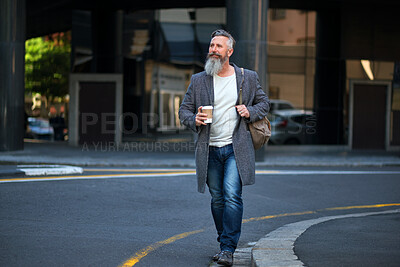 Buy stock photo Businessman, travel or thinking with coffee in city street for work trip, commute or start. Man, employee or traveler walking with bag in road for career journey or business opportunity in urban town