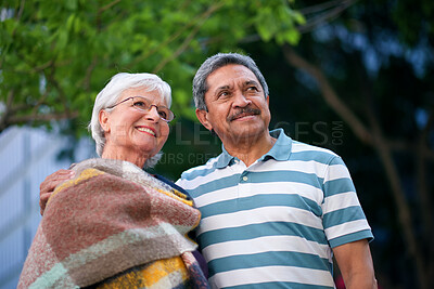 Buy stock photo Thinking, outdoor and senior couple with travel for retirement holiday, sightseeing or connection. Bonding, old interracial people or happy in city for vacation abroad, explore together or reflection