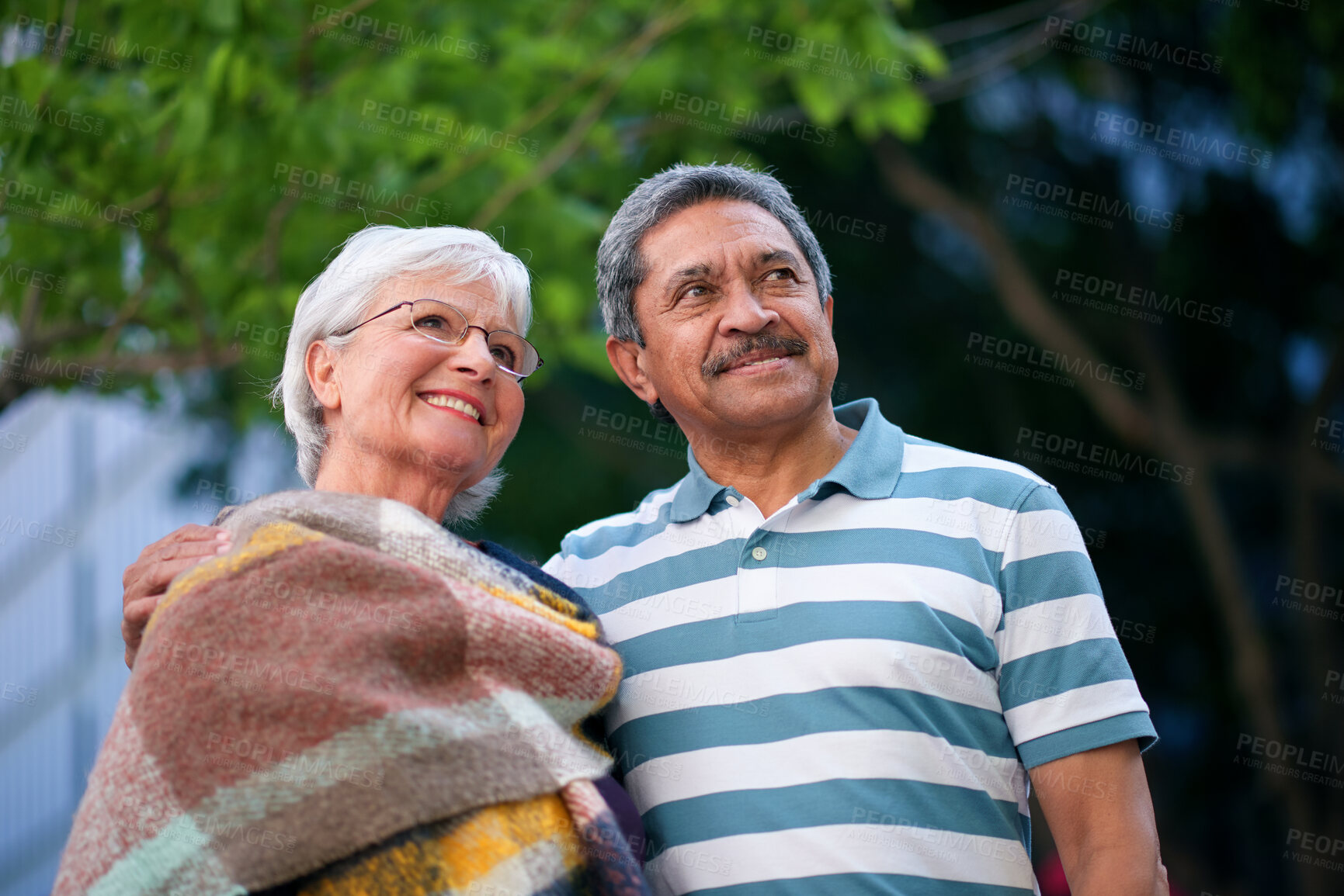 Buy stock photo Thinking, outdoor and senior couple with travel for retirement holiday, sightseeing or connection. Bonding, old interracial people or happy in city for vacation abroad, explore together or reflection