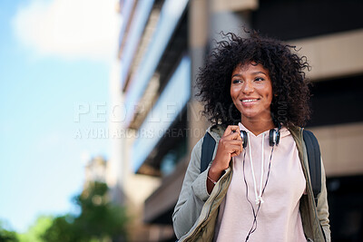 Buy stock photo University, thinking or black woman in city with bag, insight or scholarship idea in morning commute. Reflection, space or student with tech, education opportunity or positive mindset at start of day