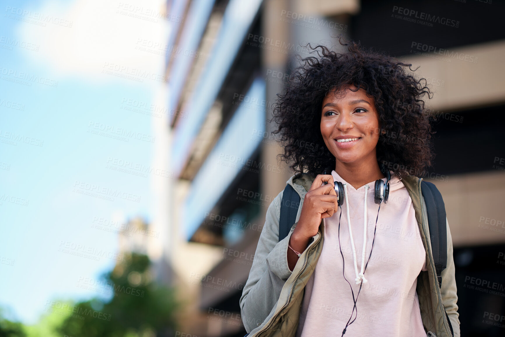 Buy stock photo University, thinking or black woman in city with bag, insight or scholarship idea in morning commute. Reflection, space or student with tech, education opportunity or positive mindset at start of day