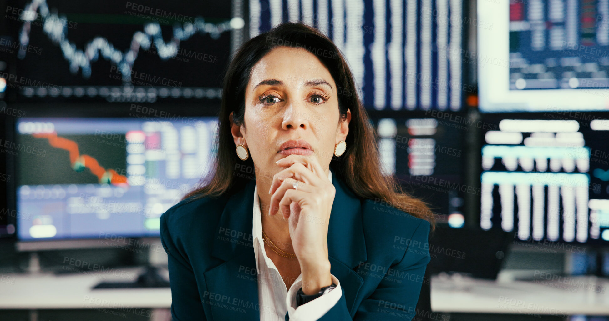 Buy stock photo Trading, businesswoman and stress for stock market in office, portrait and stats research on screen. Serious, broker and mature person with computer for risk management, online and investment data