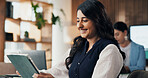Tablet, smile and research with business woman in office for revenue, account report and review. Planning, portfolio update and online budget email with employee in agency for investor proposal