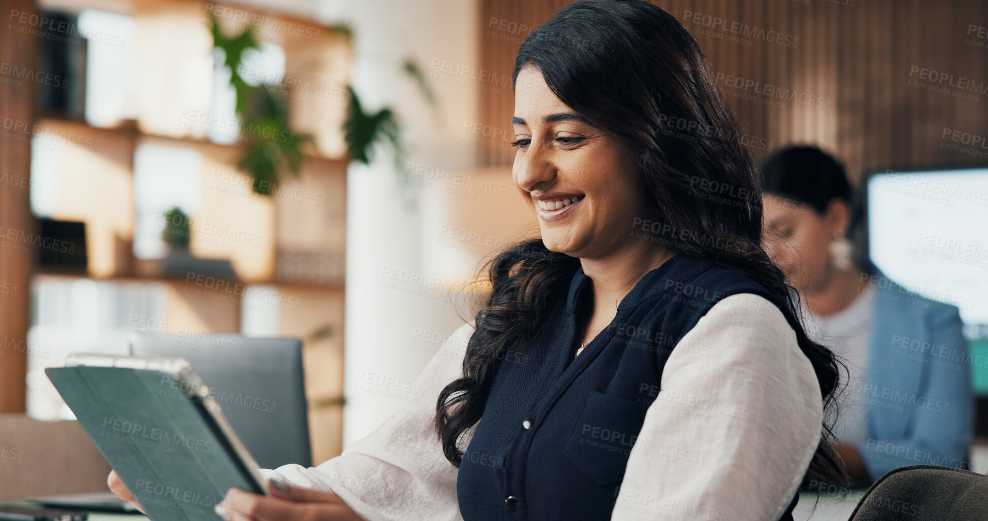 Buy stock photo Tablet, smile and research with business woman in office for revenue, account report and review. Reading, portfolio update and online budget email with employee in agency for investor proposal