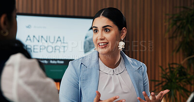 Buy stock photo Talk, team and meeting with business woman in office for venture capitalist, advisor or planning. Investment growth, financial strategist and fund manager with person in boardroom for annual report