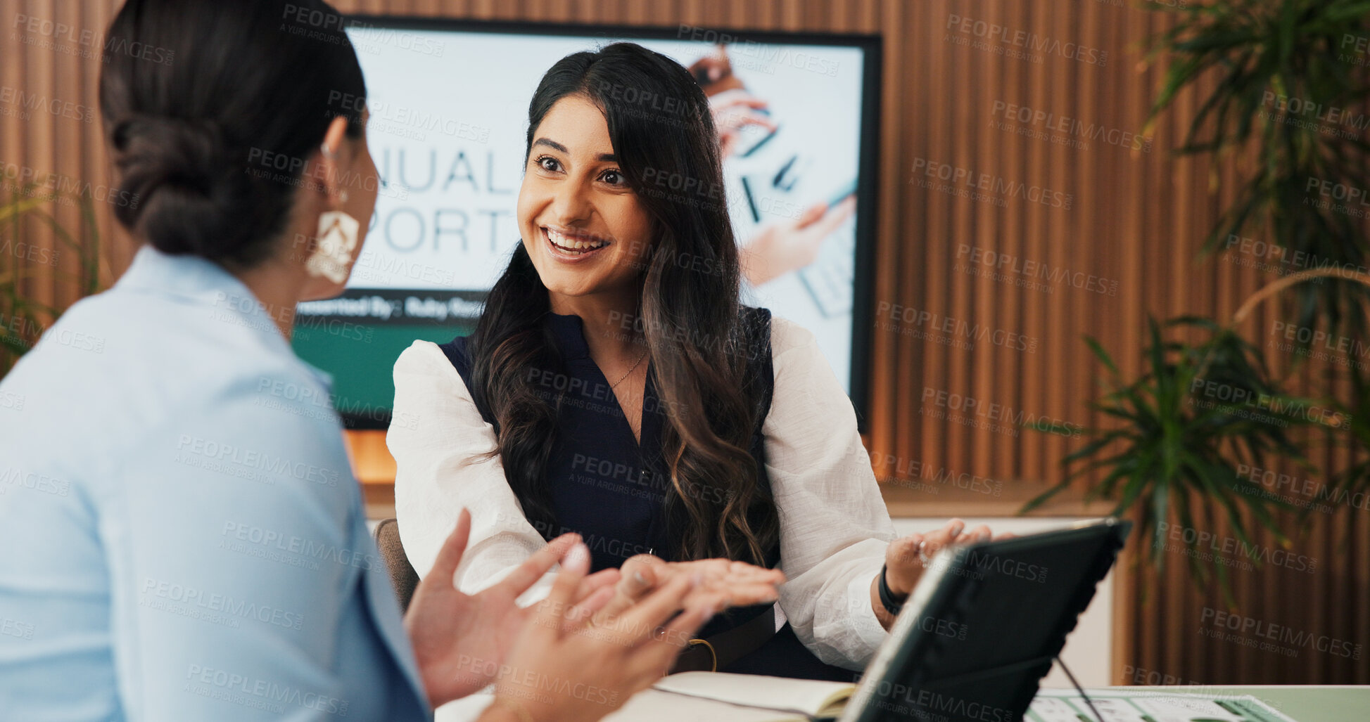 Buy stock photo Excited, tablet and meeting with business woman in office for venture capitalist, good news or planning. Investment profit, financial strategist and fund bonus with people in agency for annual report