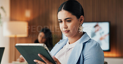 Buy stock photo Tablet, report and research with business woman in office for revenue, account project and review. Reading, portfolio update and online budget email with employee in agency for investor proposal