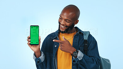 Buy stock photo Green screen, student and happy man with phone, portrait and recommendation for social media or web. Blue background, marketing and person with smile for mobile, elearning and mockup space in studio