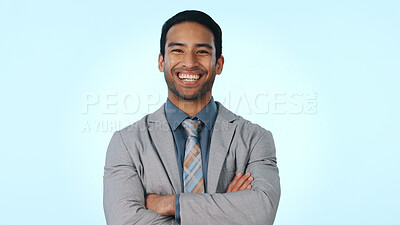 Buy stock photo Crossed arms, happy and portrait of businessman in studio with confidence for finance career growth. Smile, professional and male financial manager with pride for job opportunity on blue background.