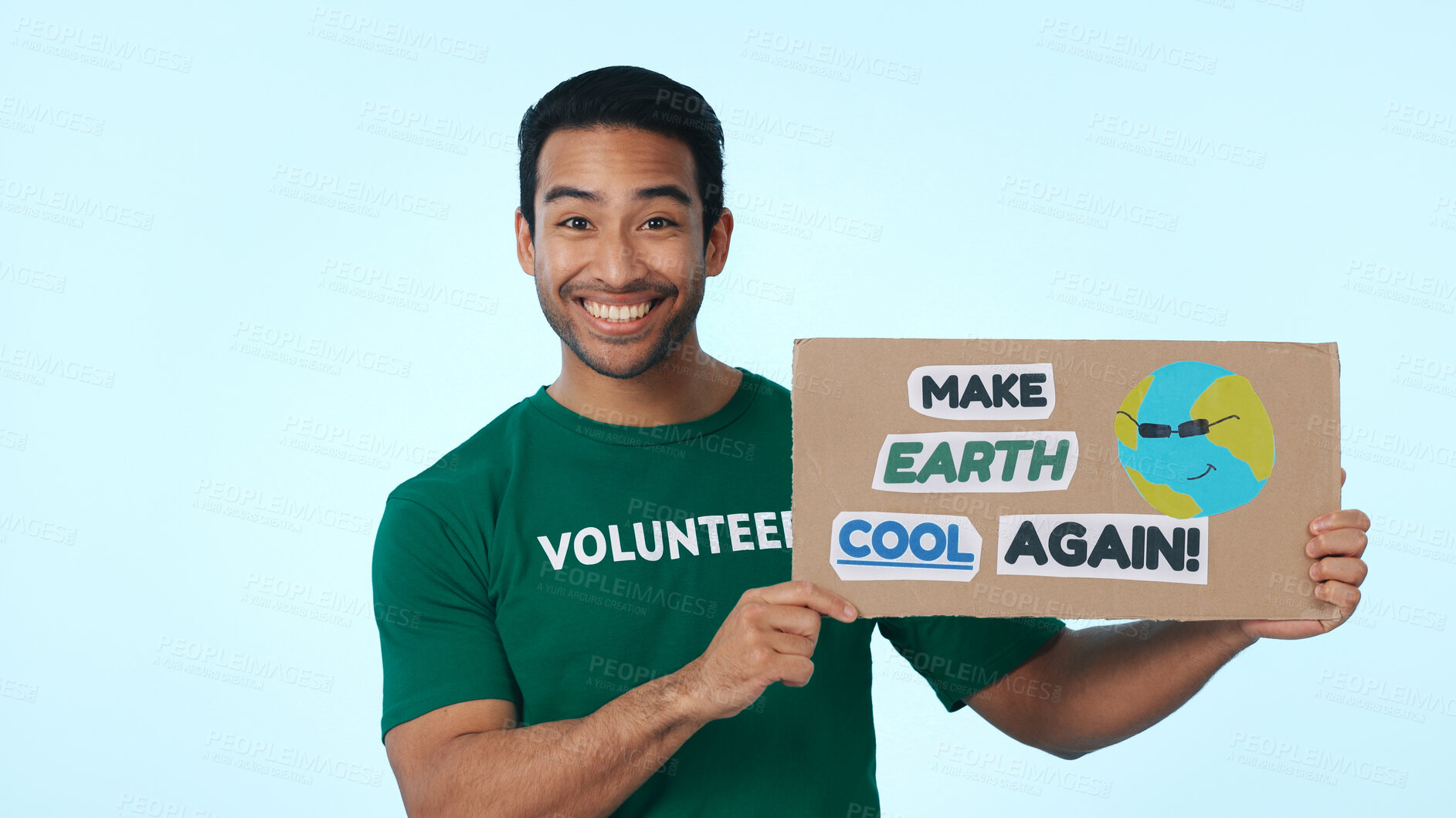 Buy stock photo Volunteer, poster and portrait of man in studio for climate change, conservation and global warming. Space, happy and person with sign for earth day, ecology and recycling campaign on blue background