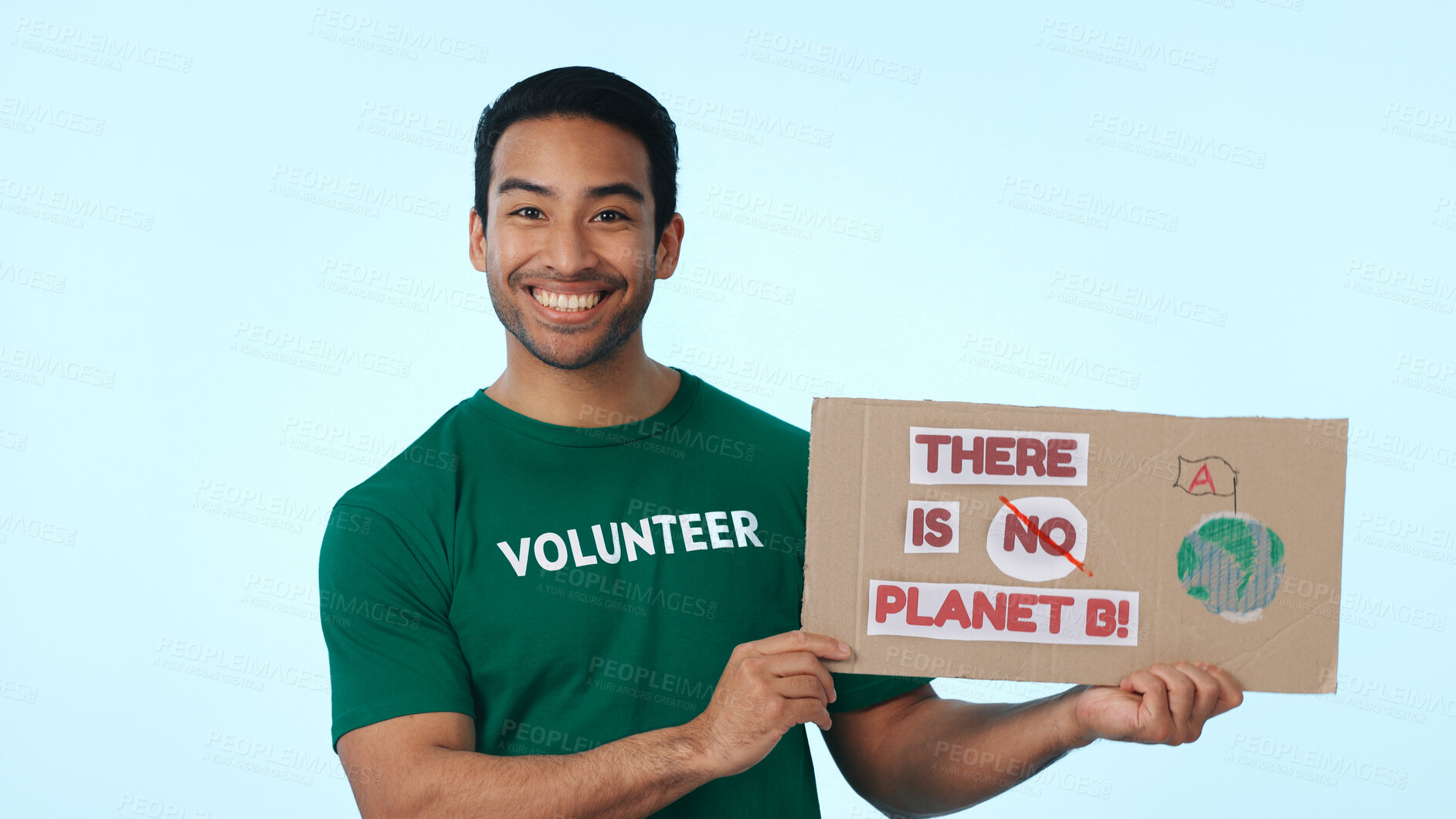 Buy stock photo Volunteer, poster and portrait of man for climate change, earth day campaign and ecology in studio. Space, happy and person with sign for awareness, global warming and recycling on blue background