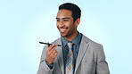 Happy, businessman or studio with speaker phone for audio message or chat on a blue background. Man, employee or financial advisor talking with smile on smartphone app for communication or voice note