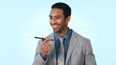 Buy stock photo Happy, businessman or studio with speaker phone for audio message or chat on a blue background. Man, employee or financial advisor talking with smile on smartphone app for communication or voice note