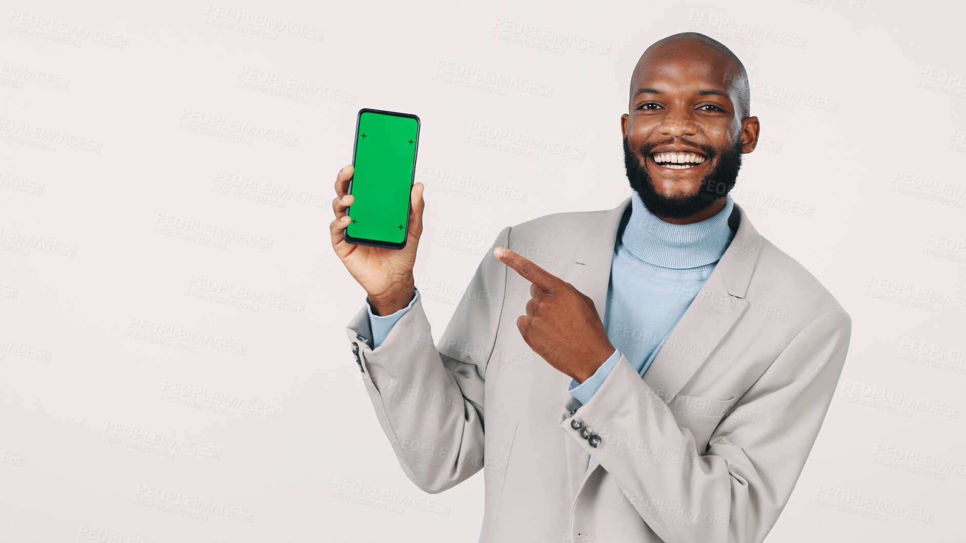 Buy stock photo Portrait, businessman and phone with green screen in studio, smile or recommendation for banking app. Black person, marketing and mobile for investment portfolio, mockup space and white background