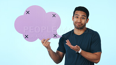 Buy stock photo Fitness, speech bubble and portrait of man in studio for exercise, workout tips and question. Mockup, space and person with poster for gym membership, social media and announcement on blue background