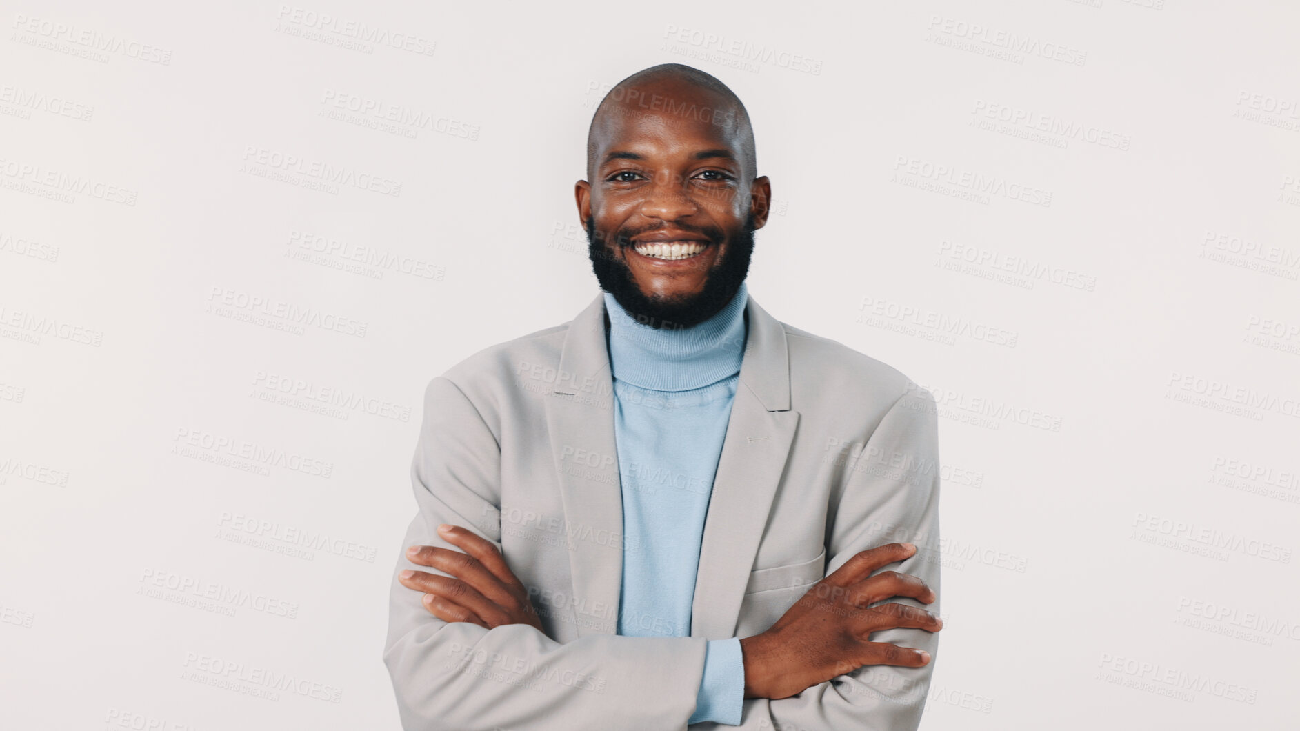 Buy stock photo Crossed arms, happy and portrait of black man in studio with confidence for finance career growth. Smile, professional and African financial manager with pride for job opportunity by white background