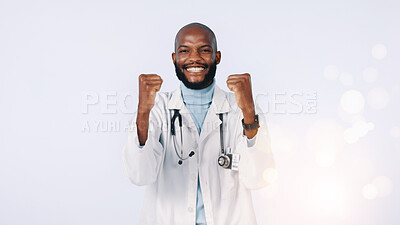 Buy stock photo Fist pump, doctor and portrait of black man in studio for medical support, success and health service. Healthcare, space and person celebrate for medicine, winning or wellness on white background