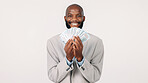 Happy, black man and portrait with money fan in studio for financial freedom on a white background. Businessman, cash and finance with smile, paper or notes for lottery, bonus or salary increase