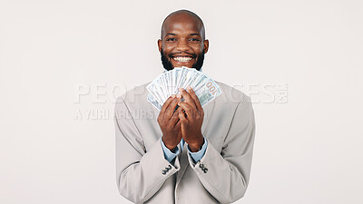 Buy stock photo Happy, black man and portrait with money fan in studio for financial freedom on a white background. Businessman, cash and finance with smile, paper or notes for lottery, bonus or salary increase