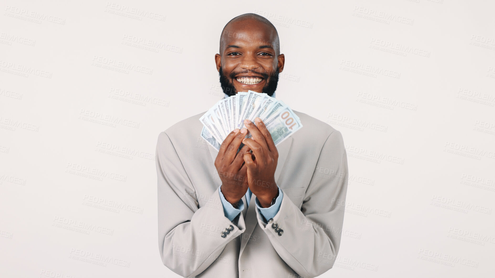 Buy stock photo Happy, black man and portrait with money fan in studio for financial freedom on a white background. Businessman, cash and finance with smile, paper or notes for lottery, bonus or salary increase