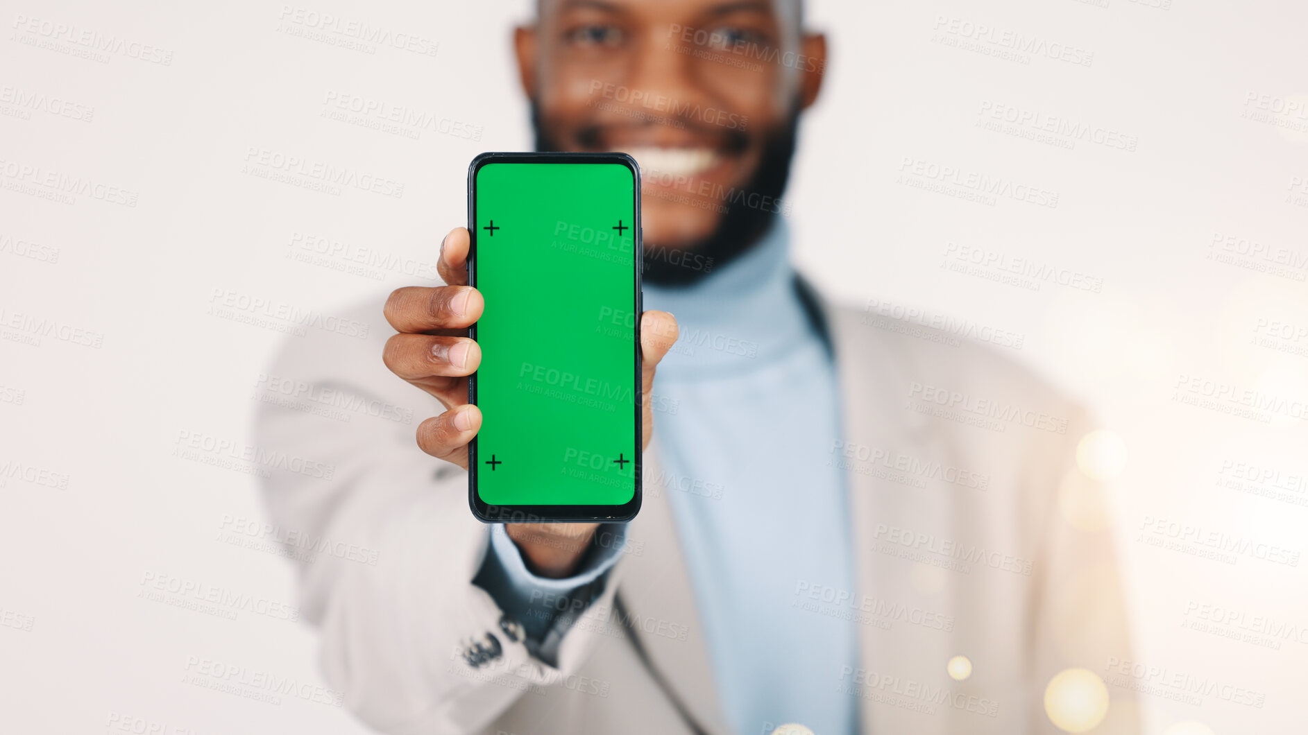 Buy stock photo Happy, businessman and phone with green screen in studio,  mockup space or marketing of banking app. Black person, smile and presentation of mobile for investment portfolio, bokeh or white background