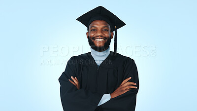 Buy stock photo Graduation, arms crossed and portrait with black man in studio for success, college and scholarship. University, future and pride with person on blue background for ceremony, smile and achievement