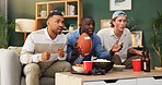 Men, snacks and watching tv in house with football game, entertainment and suspense for competition. Friends, stress and together in living room with sports broadcast, tension and match pressure.