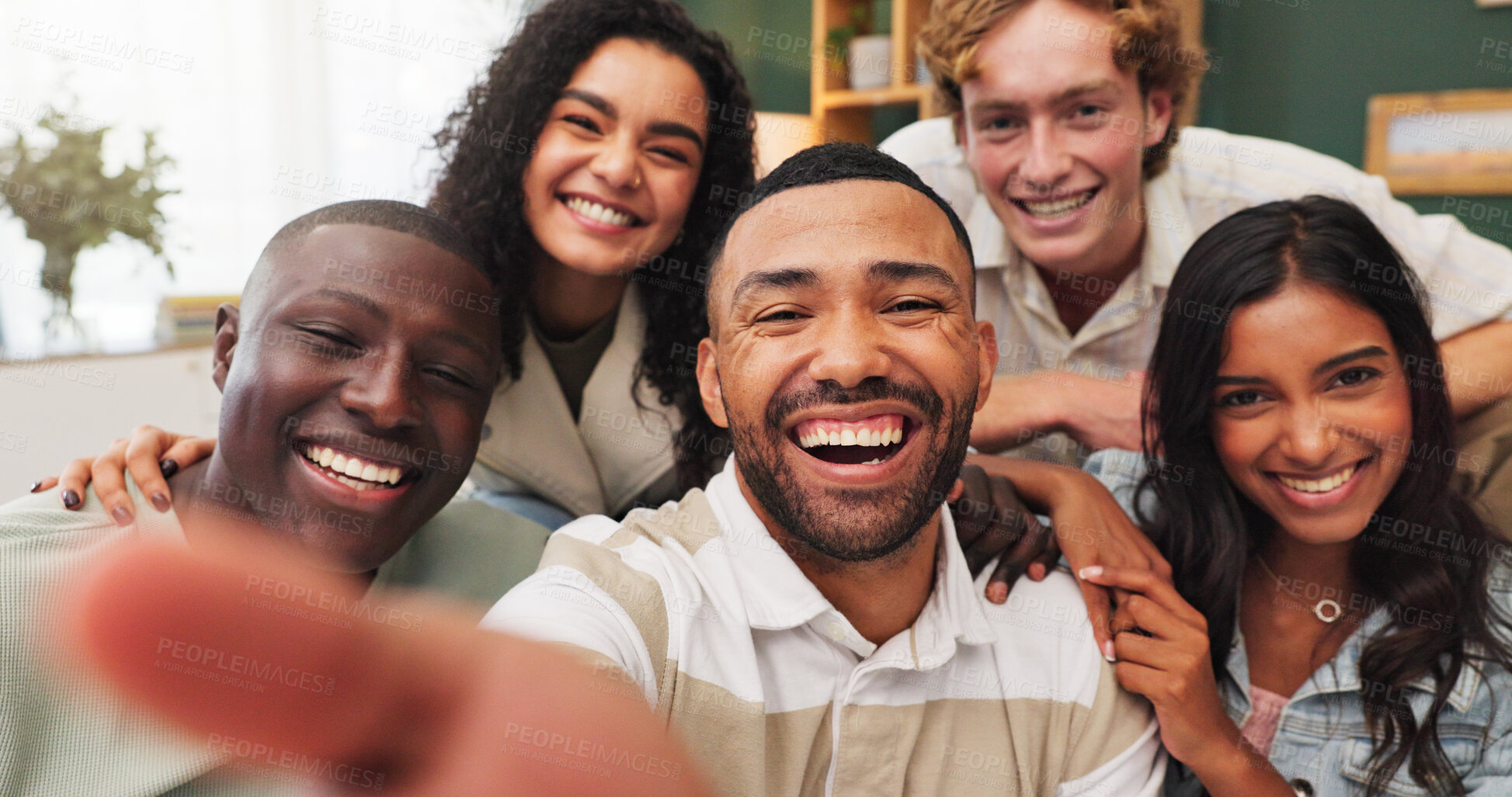 Buy stock photo Happy people, portrait and friends with selfie in home for live social gathering or get together. Excited, group or community with smile or love for photography, picture or capture moment in house