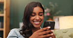 Woman, smile and chill in apartment with phone, online dating notification and reading text message. Happy, person and relax in house with tech, mobile app and social media for digital communication.