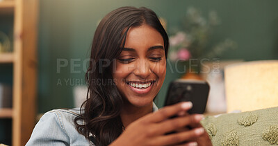 Buy stock photo Woman, smile and chill in apartment with phone, online dating notification and reading text message. Happy, person and relax in house with tech, mobile app and social media for digital communication.