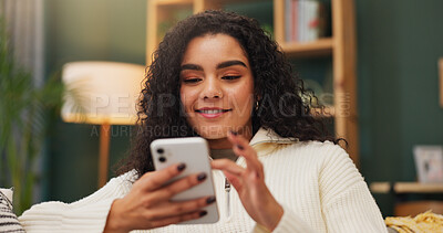 Buy stock photo Happy, woman and texting with smartphone in home, reading and communication with contact on website. Typing, message and person with mobile app for chat, online and smile with tech in living room
