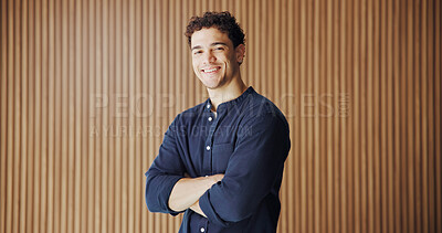 Buy stock photo Portrait, creative and man with arms crossed in office for journalist with opportunity, about us and ambition. Confident, reporter and happy person with smile for career development, media and space