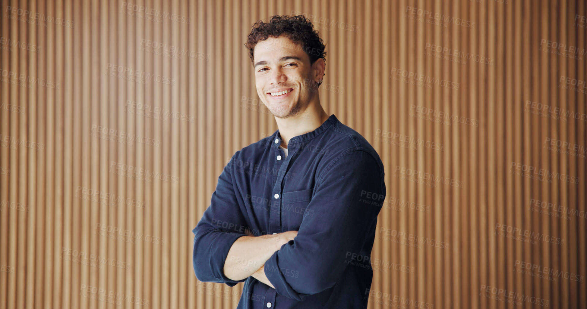 Buy stock photo Portrait, creative and man with arms crossed in office for journalist with opportunity, about us and ambition. Confident, reporter and happy person with smile for career development, media and space