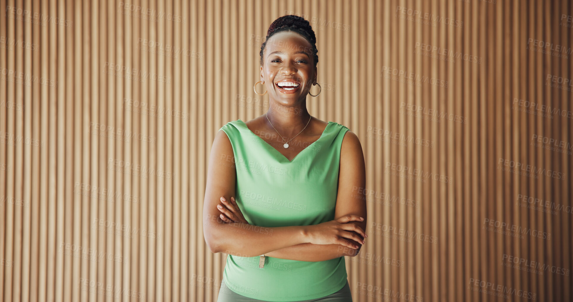 Buy stock photo Portrait, black woman and smile with arms crossed in office for journalist with opportunity, about us and ambition. Confident, reporter and person with laugh for career development, media and space