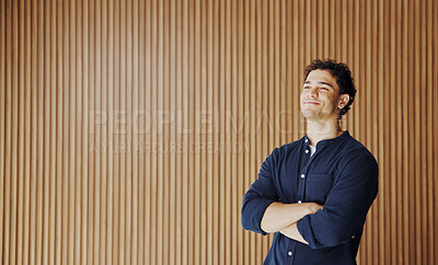 Buy stock photo Thinking, smile or man in office with arms crossed, mindfulness or inspiration for career growth. Reflection, space or employee in agency with idea, perspective or daydreaming on professional goals