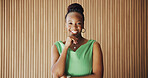 Portrait, black woman and laugh with arms crossed in office for journalist with opportunity, about us and ambition. Confident, reporter and person with smile for career development, media and space