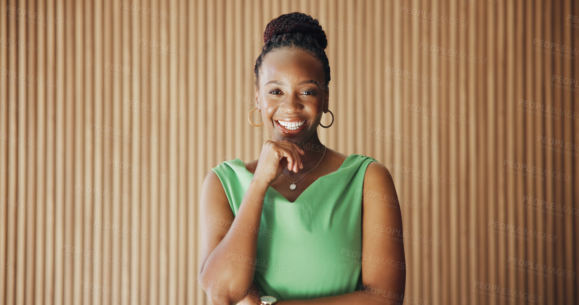 Buy stock photo Portrait, black woman and laugh with arms crossed in office for journalist with opportunity, about us and ambition. Confident, reporter and person with smile for career development, media and space