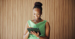 Tablet, scroll and black woman in creative agency with research, website and plan for digital marketing. Space, person and reading in office with tech, idea and smile for online advertising feedback.
