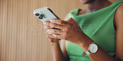 Buy stock photo Woman, hands and scroll in office with phone, text message or comment on social media marketing post. Space, person and typing in workplace with tech, email notification or online advertising update.