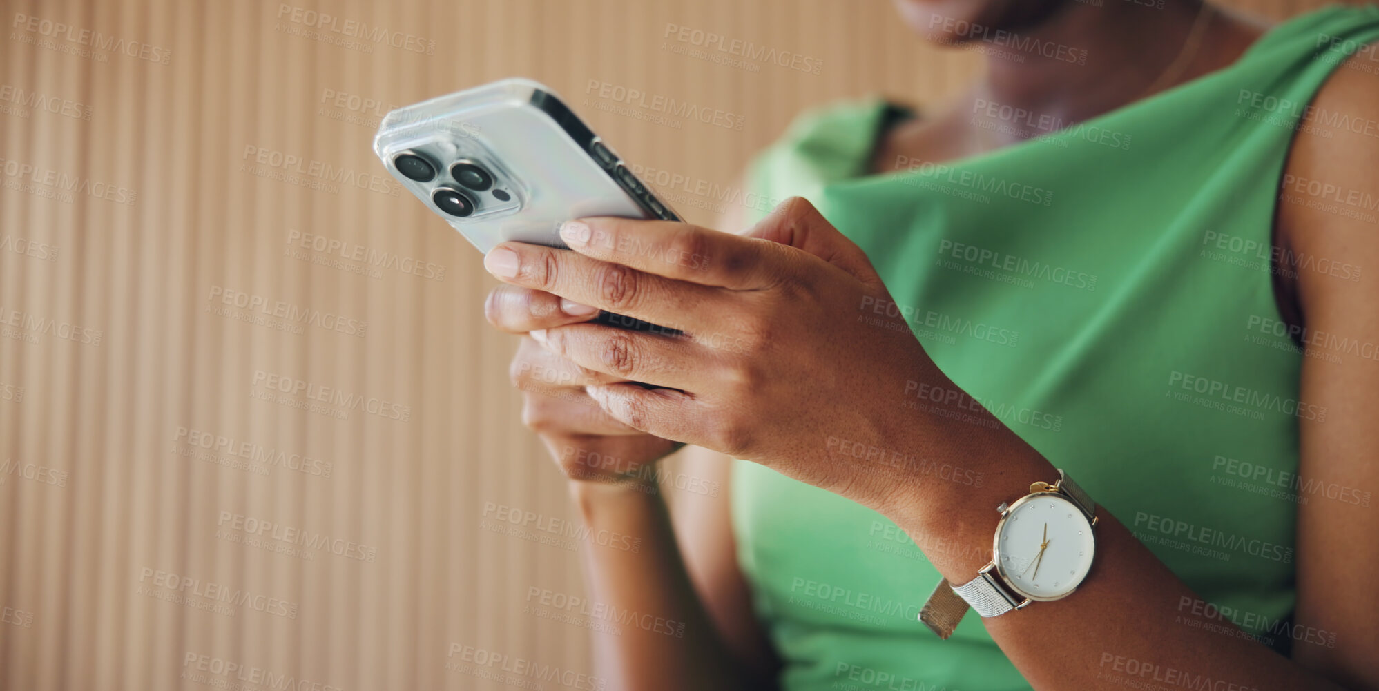 Buy stock photo Woman, hands and scroll in office with phone, text message or comment on social media marketing post. Space, person and typing in workplace with tech, email notification or online advertising update.