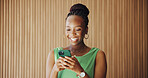 Phone, scroll and black woman in creative agency with smile, email or good news for digital marketing. Space, person and reading in office with tech, text message and happy for advertising feedback.