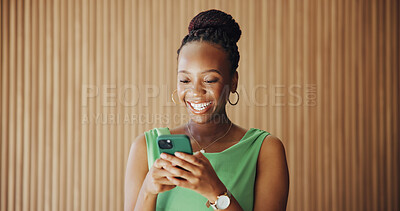 Buy stock photo Phone, scroll and black woman in creative agency with smile, email or good news for digital marketing. Space, person and reading in office with tech, text message and happy for advertising feedback.