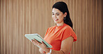 Happy, woman and reading in office with tablet, good news or notification for digital marketing project. Space, person smile and review campaign in workplace with tech, website or online advertising.