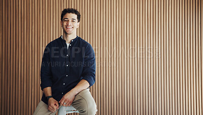 Buy stock photo Portrait, creative and man with space in office for journalist with opportunity, about us and ambition. Confident, reporter and happy person with smile for career development, media and mockup