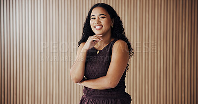 Buy stock photo Portrait, creative and woman with pride in office for journalist with opportunity, about us and ambition. Confident, reporter and happy person with agency for career development, media and space